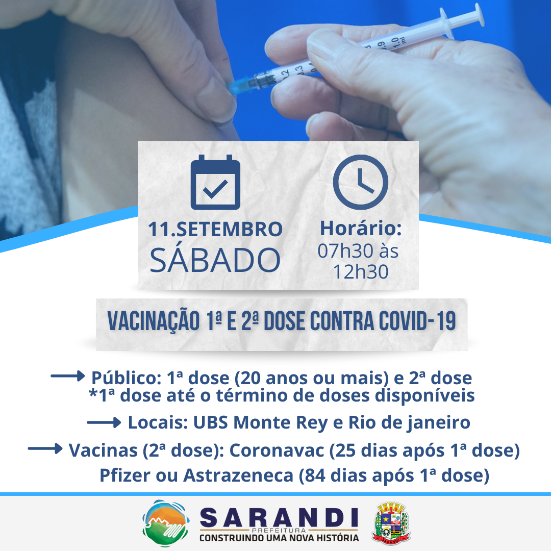 Cronograma de Vacinação contra Covid-19 - Sábado - 11/09/2021